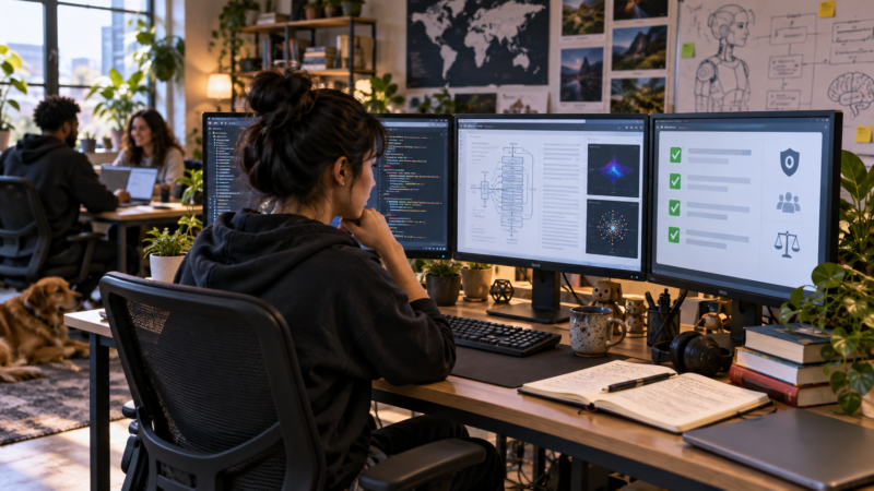 Desarrollador prueba un modelo de inteligencia artificial abierto en una computadora con código y documentación.