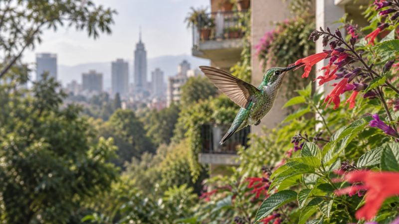 Colibrí de plumaje verde se alimenta de una flor roja en un jardín urbano con edificios de la Ciudad de México al fondo.