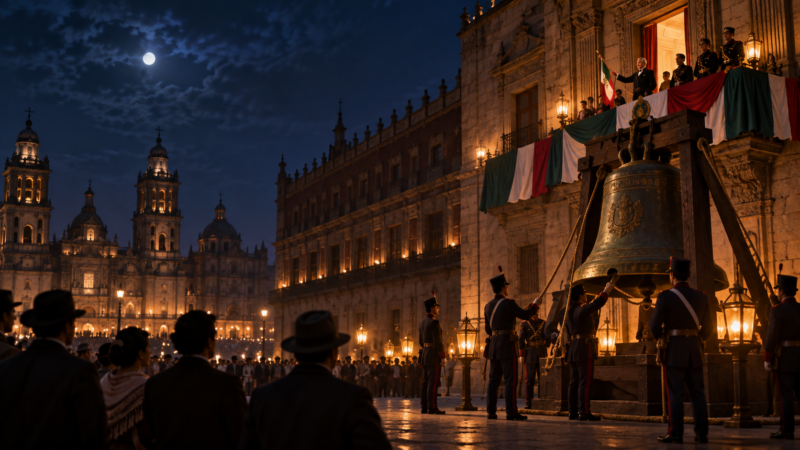 Ilustración nocturna de una ceremonia histórica en el Zócalo con una campana frente a Palacio Nacional.
