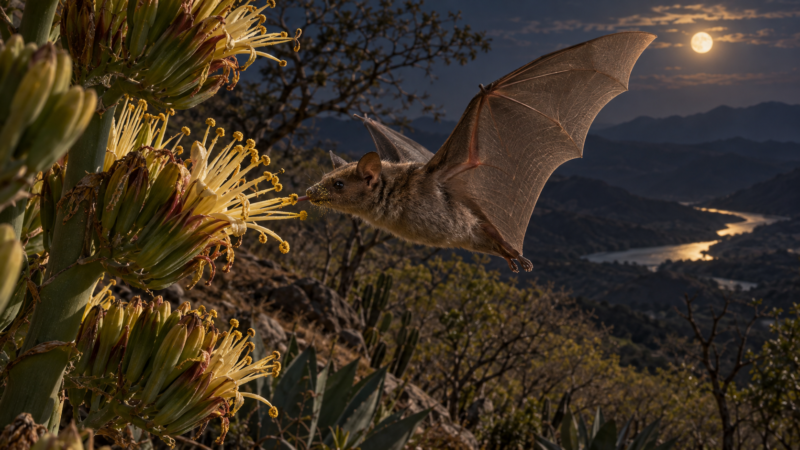 Murciélago nectarívoro visita la flor de un maguey durante la noche; ilustración conceptual.