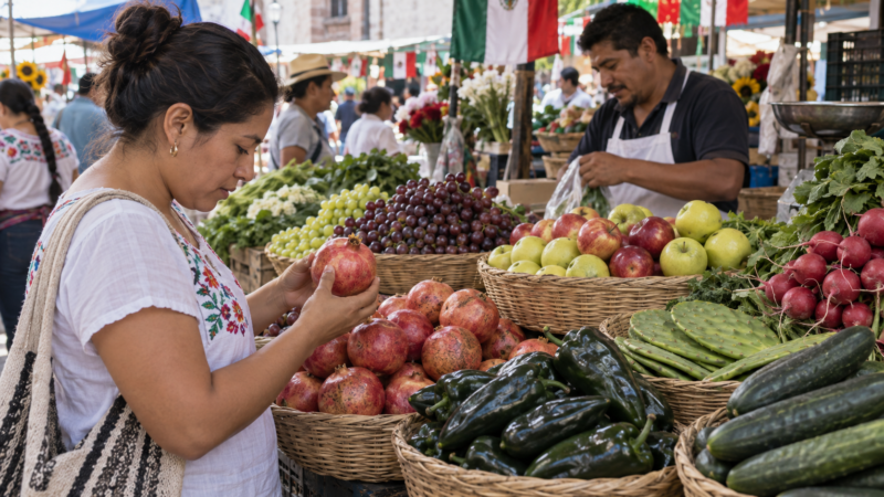 Compradora selecciona granadas, nopales, chiles poblanos y otras frutas y verduras en un mercado.