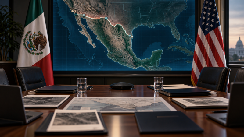 Mapa de México y Estados Unidos en una mesa de cooperación diplomática con documentos de seguridad y banderas de ambos países.