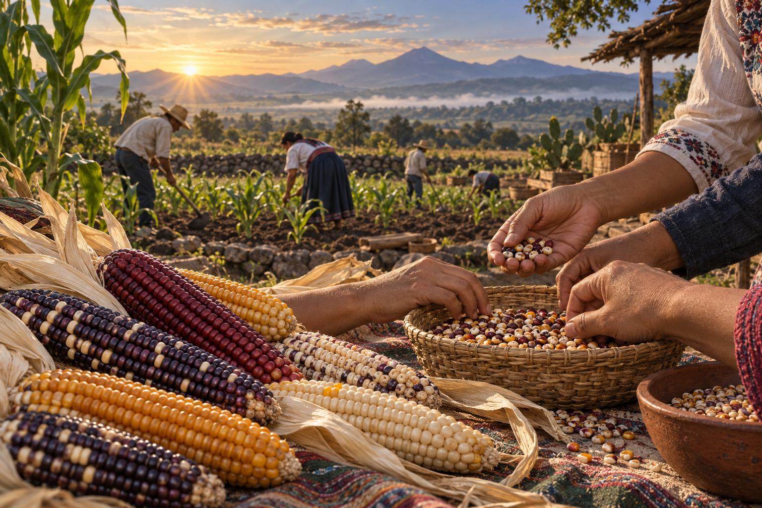Maíces nativos de distintos colores y manos de una comunidad que seleccionan semillas en una milpa mexicana.