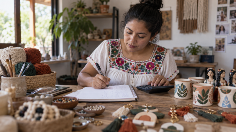 Emprendedora calcula precio y costos por unidad en una libreta junto a productos de su negocio.