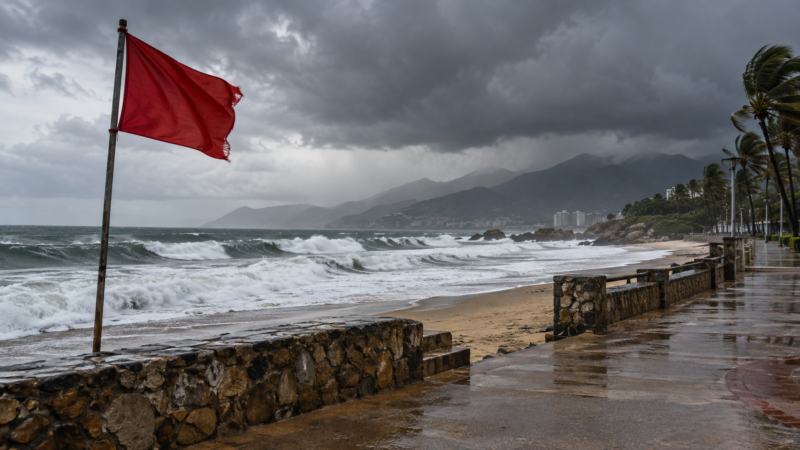 Ilustración editorial de playa con bandera roja y fuerte oleaje; no muestra una escena real del huracán Polo.