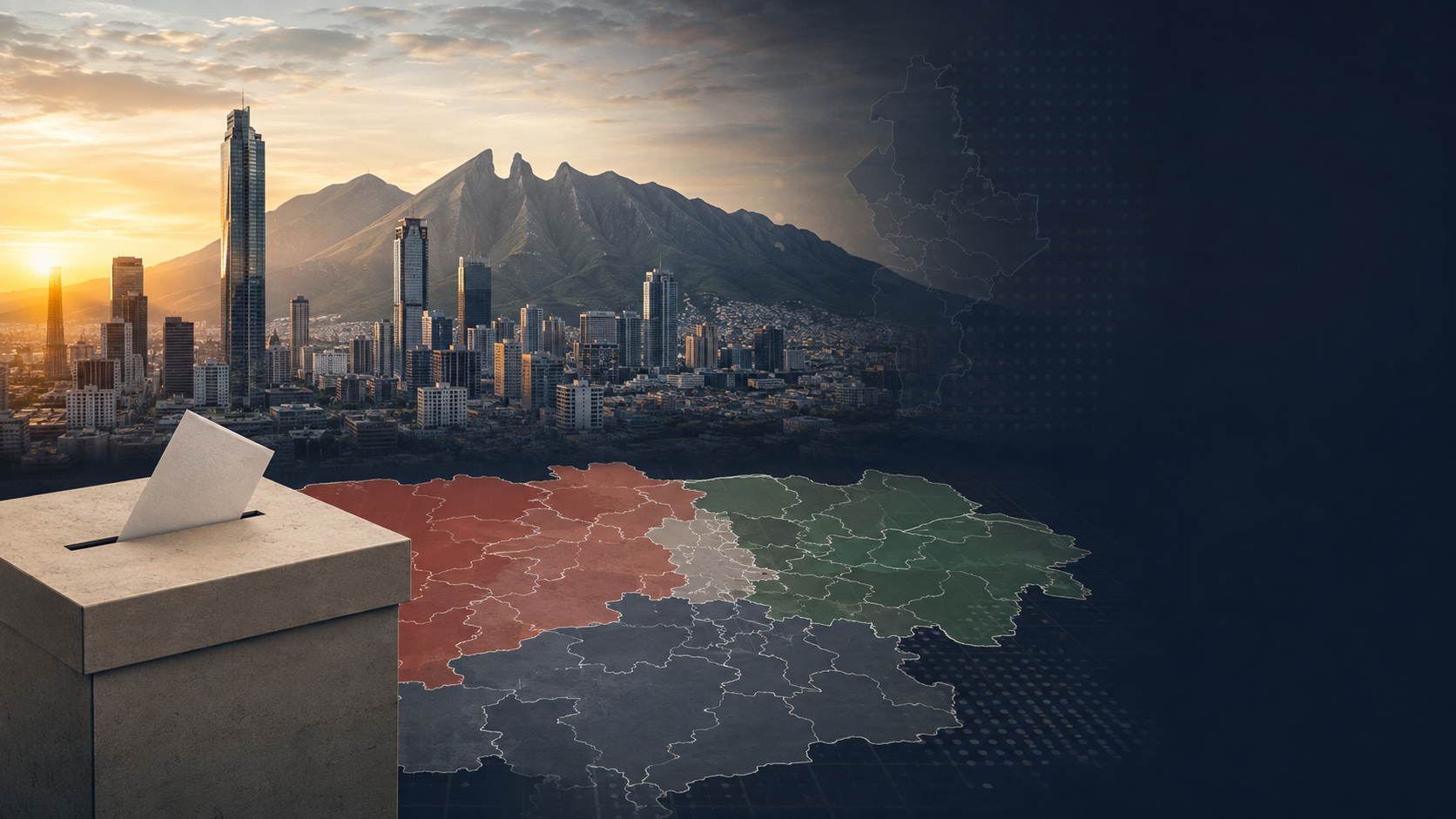 Paisaje urbano de Monterrey y el Cerro de la Silla con urna y mapa electoral como representación de la elección de gobernador de Nuevo León en 2027.