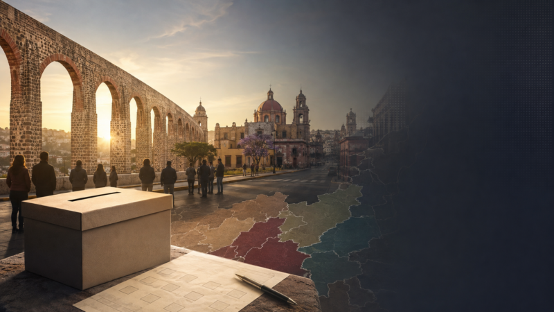 Centro histórico de Querétaro y su acueducto con urna y mapa electoral, como representación de la elección de gobernador de 2027.