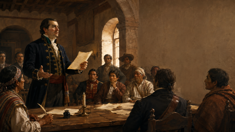 José María Morelos presenta los Sentimientos de la Nación ante el Congreso de Anáhuac en Chilpancingo, en una escena histórica de 1813.