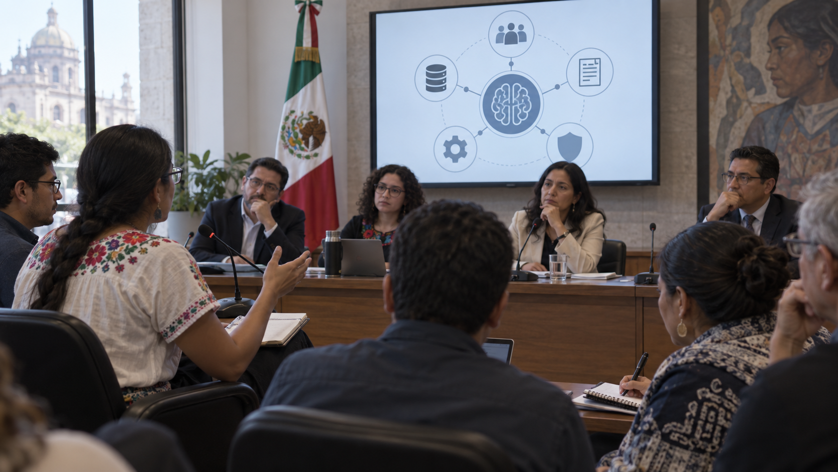 Especialistas y representantes públicos analizan un esquema de inteligencia artificial en una mesa de trabajo.