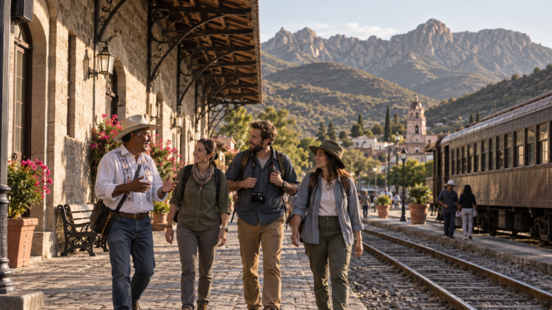 Viajeros recorren un pueblo ferroviario mexicano con estación restaurada y guía local.