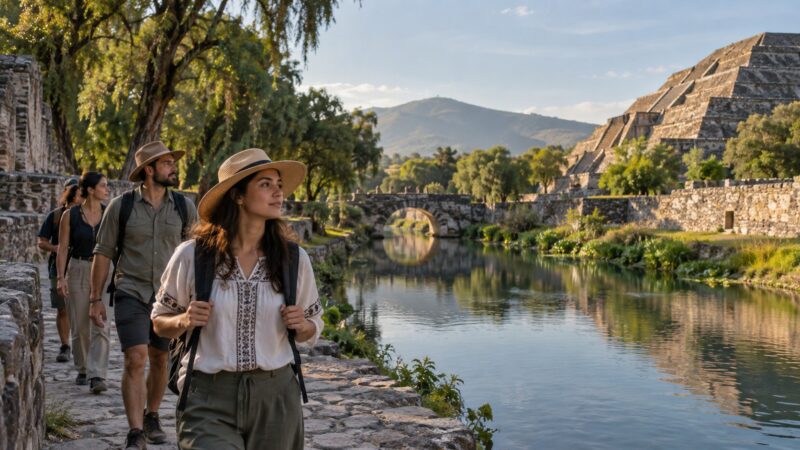 Viajeros recorren un sendero patrimonial con bolsas reutilizables y observan un paisaje mexicano sin dejar residuos.