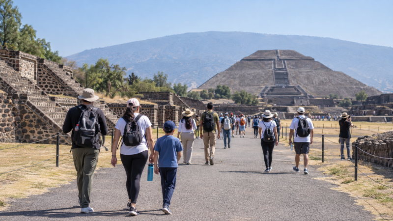 Visitantes recorren un sendero de Teotihuacan con las pirámides al fondo; imagen ilustrativa.