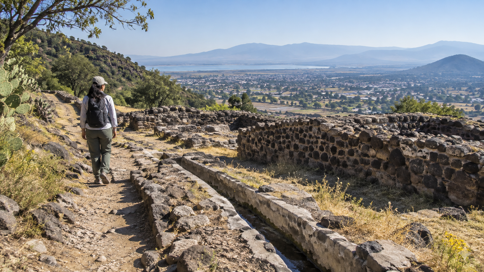 Visitante observa desde un sendero autorizado los vestigios de canales y terrazas de Tetzcotzinco.