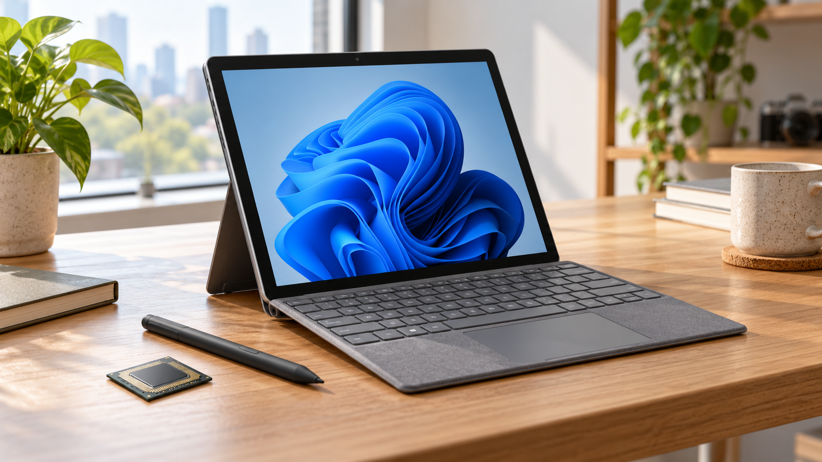 Computadora portátil convertible y lápiz digital sobre un escritorio de trabajo